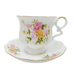 Brinton Bone China Tea Cup and saucer White pink and yellow flowers